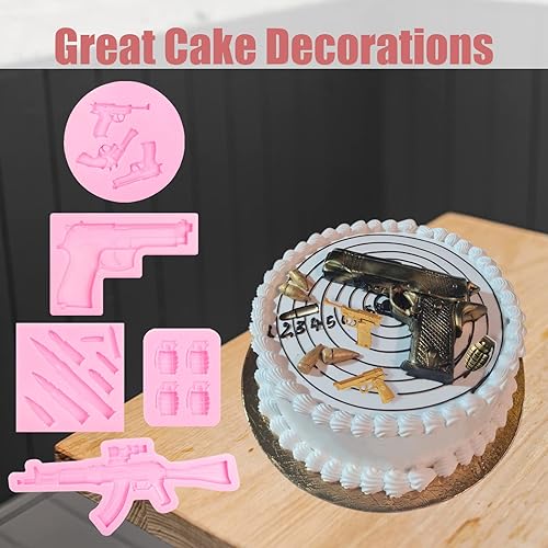 Miniatura 6 de Moldes de silicona para pistola de bala, 5 unidades, pistola 3D, ametralladora 3D, granada, chocolate, fondant, para decoración de pasteles, dulces,