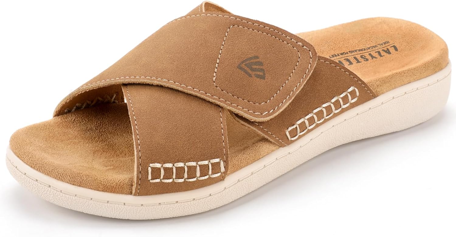 LazyStep Women's Orthotic Slide Sandals with Arch Support & Adjustable Straps 6 Tan