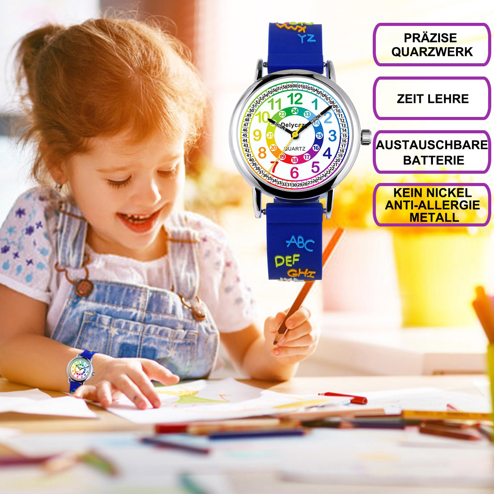 Delycazy Kinderuhr Mädchen Junge, Kinder Armbanduhr lernuhr Analoge kinderuhr Lern Armbanduhr mit Zeitlernübungen, Hochwertigem Quarzwerk