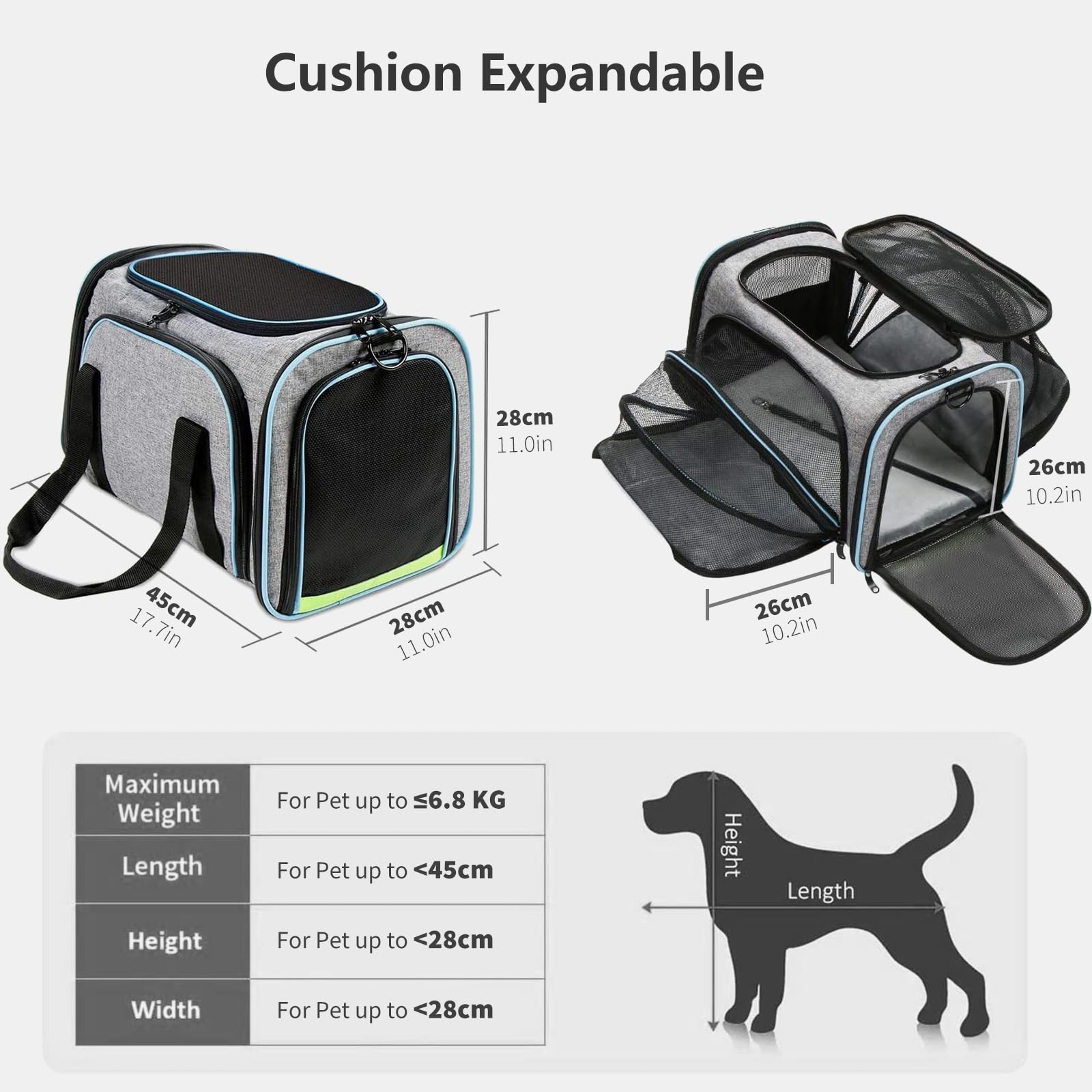 PETCUTE Transportín Gato Perro Extensible, Bolsa de Transportar Mascotas, Aprobado por aerolínea,Plegable Transportín Perro Pequeño con Colchón Suave y Hebilla de Seguridad,para Coche, Avión, Viaje