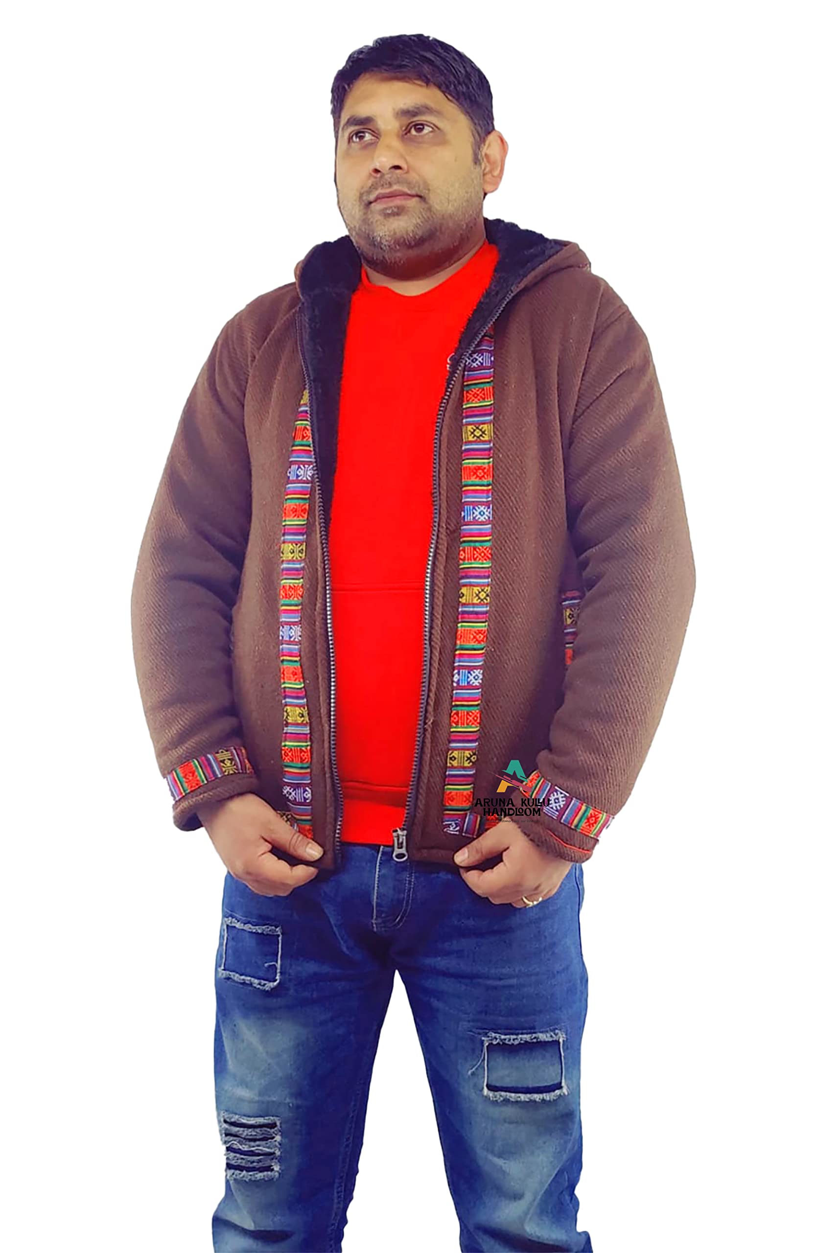 aruna kullu handloom PURE YAK WOOL ZIPPER HOODIE JACKET FOR MEN AND WOMEN WITH TRADITIONAL KULLU LACE DESIGN Beaver brown color FOR MEN-picture-38