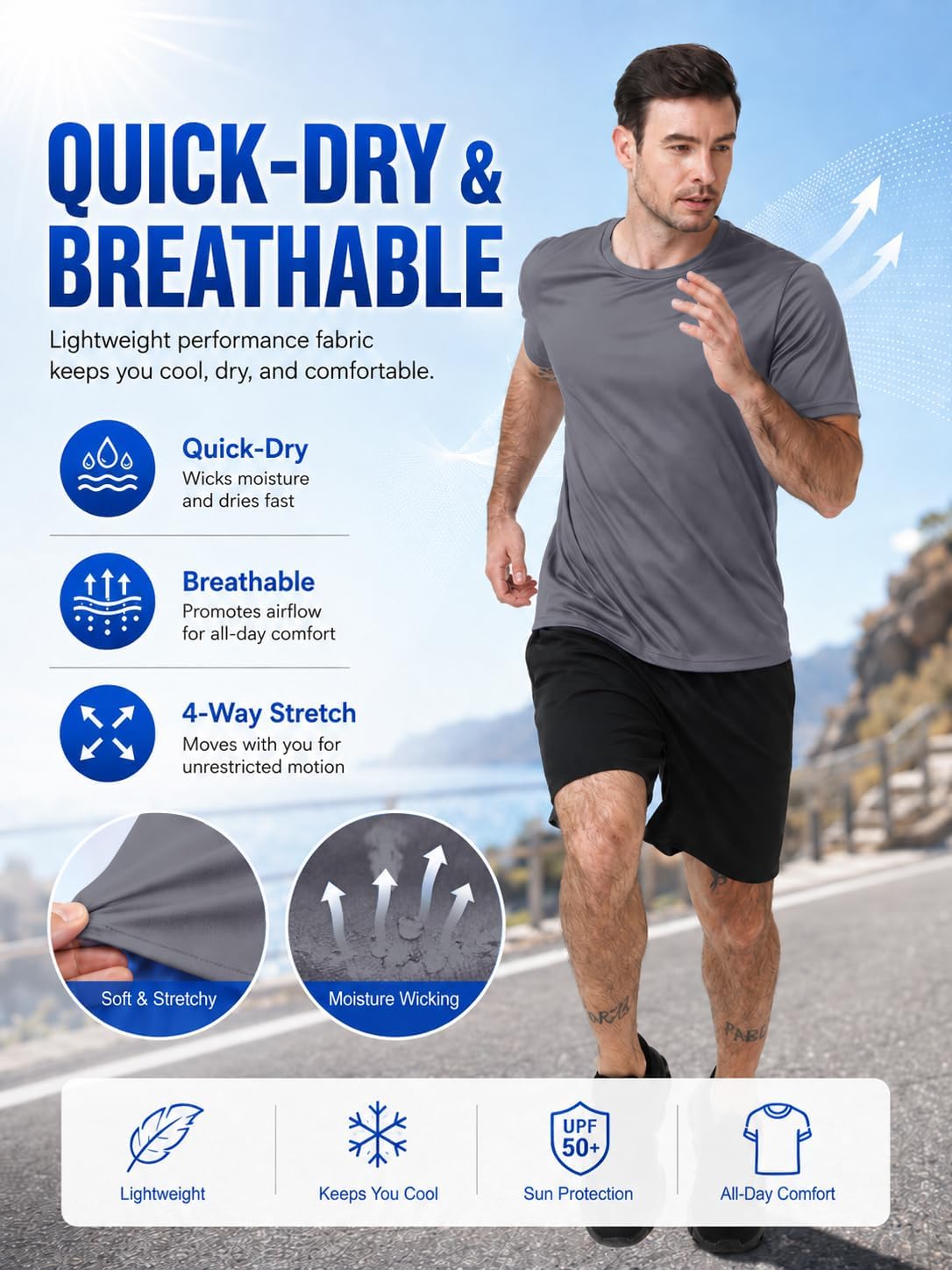 ZITY 5 Packs Men's UPF 50+ Sun Protection T-Shirts Workout Fishing Swimming Rash Guard Fast Dry Breathable Shirt