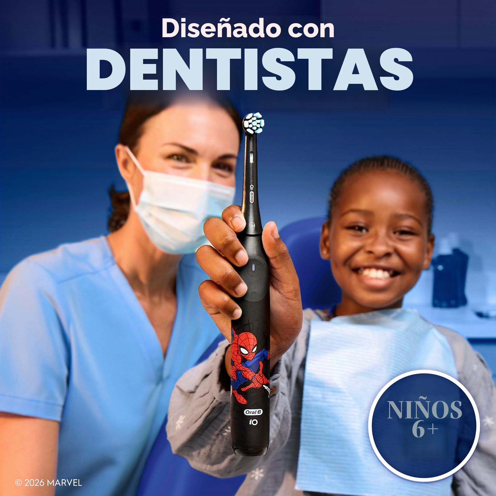 Oral-B iO Kids Limited - Cepillo de dientes eléctrico recargable, Spiderman con 1 cabezal de cepillo de cuidado suave, sensor de presión automático para proteger las encías, 3 ajustes de limpieza