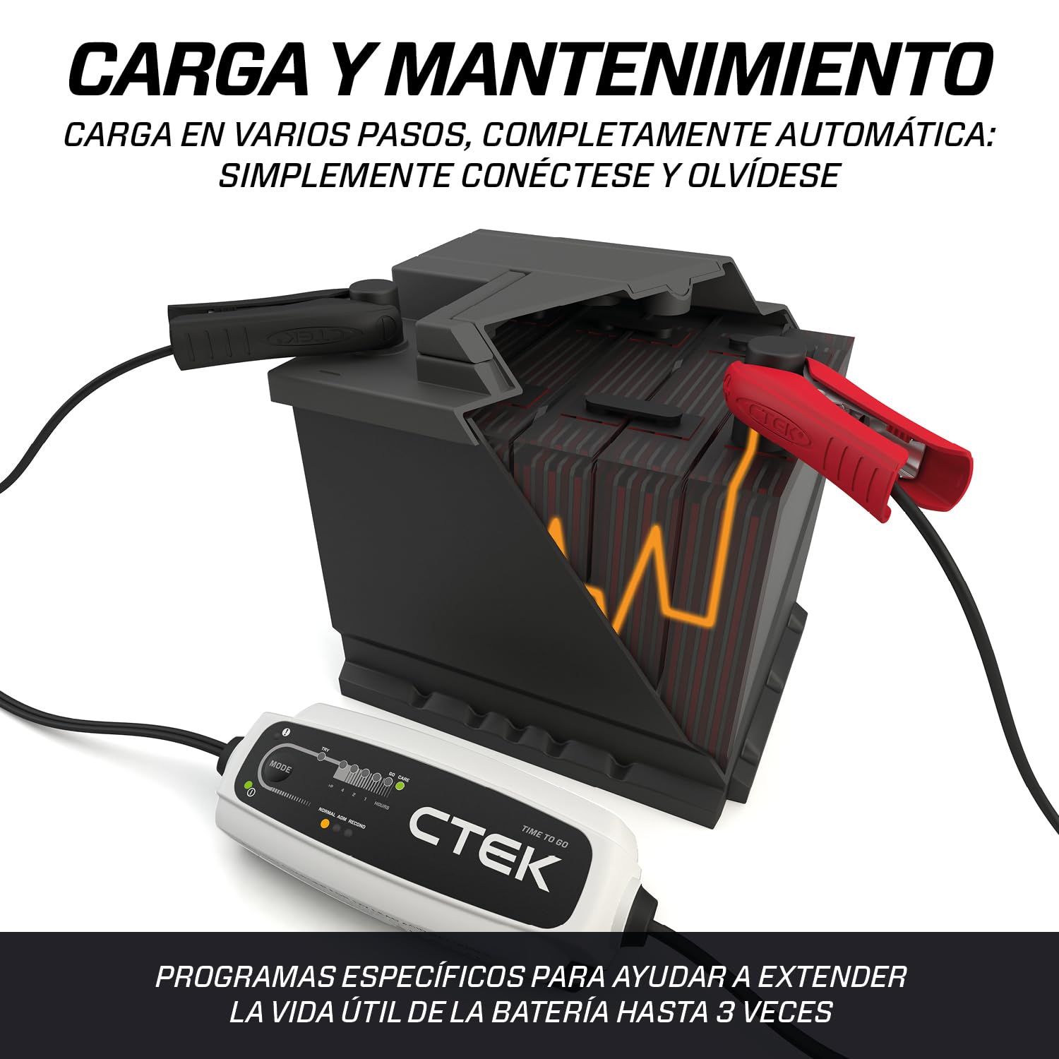 CTEK CT5 Time TO GO Cargador Batería 12V 5A, Mantenedor De Batería, Contador Regresivo, Indicador De Inicio, Compensación De Temperatura Incorporada, Modo De Reacondicionamiento Y Opción AGM Dedicada