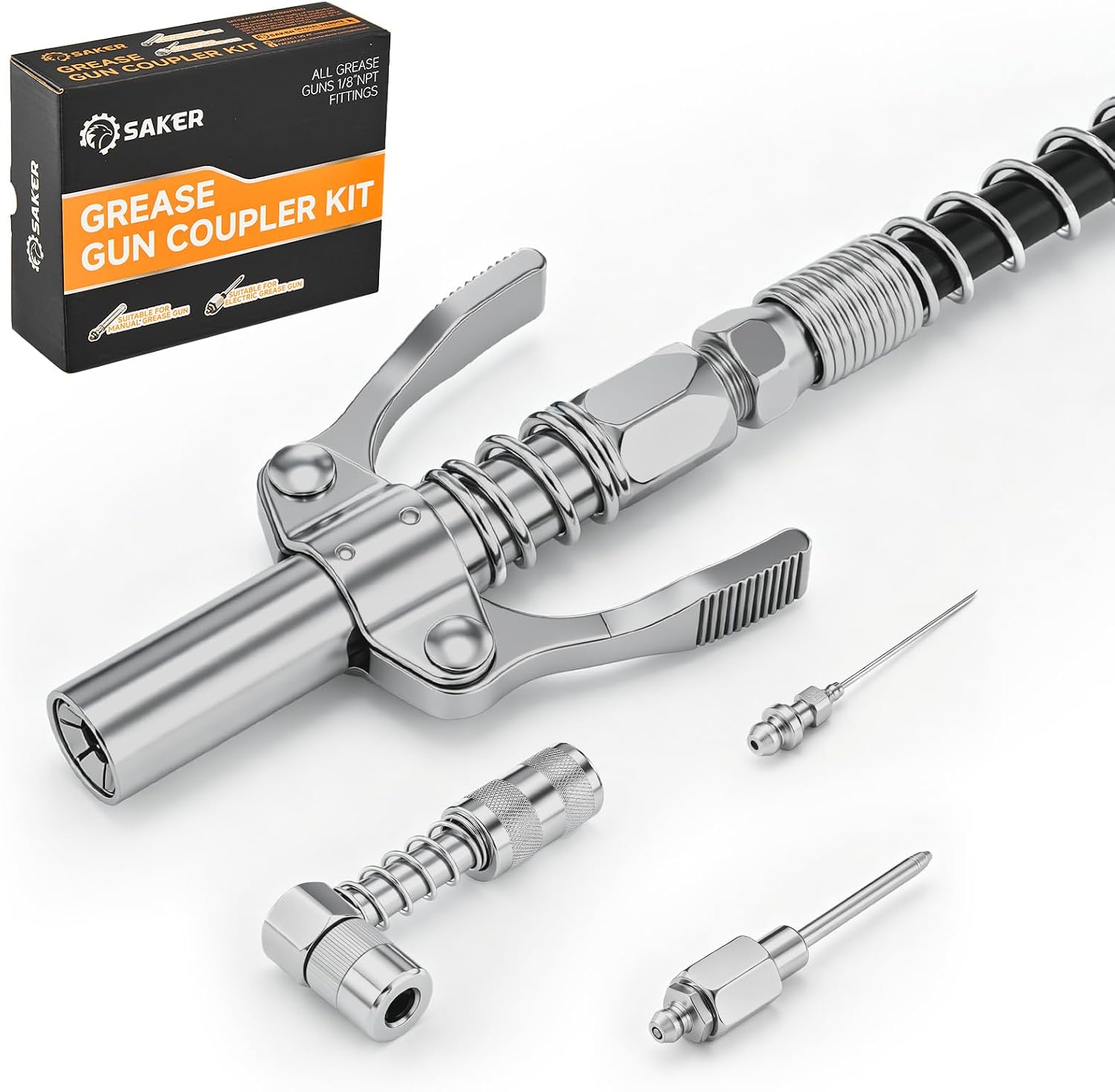 Saker Grease Gun Accessory Kit, 10000PSI Quick-Release Coupler Set | 90 Degree Grease Gun Coupler Adapter, 11.8inch Flexible Hose, 2 Grease Needle Tips,Compatible with All Grease Gun