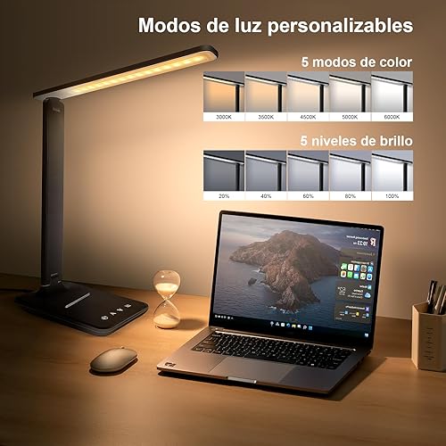 Miniatura 2 de karidi Lámpara de escritorio LED regulable con puerto de carga USB, 5 modos de iluminación, control sensible, luz de escritorio portátil plegable