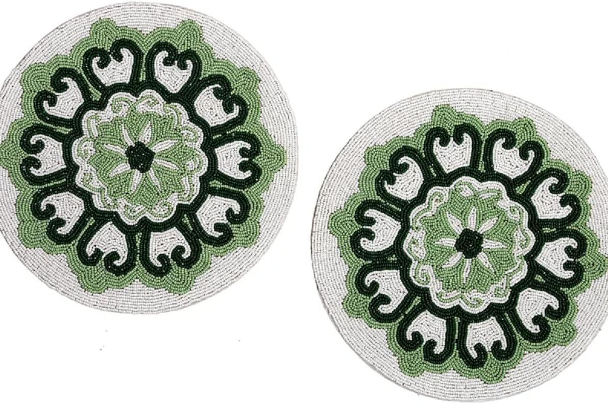 HM Creation Multicolor Floral Tablemats, Designer Placemats, White and Green Placemats, Designer Charger Plate 13X13 Inches (Set of 2 (13 x 13 in))