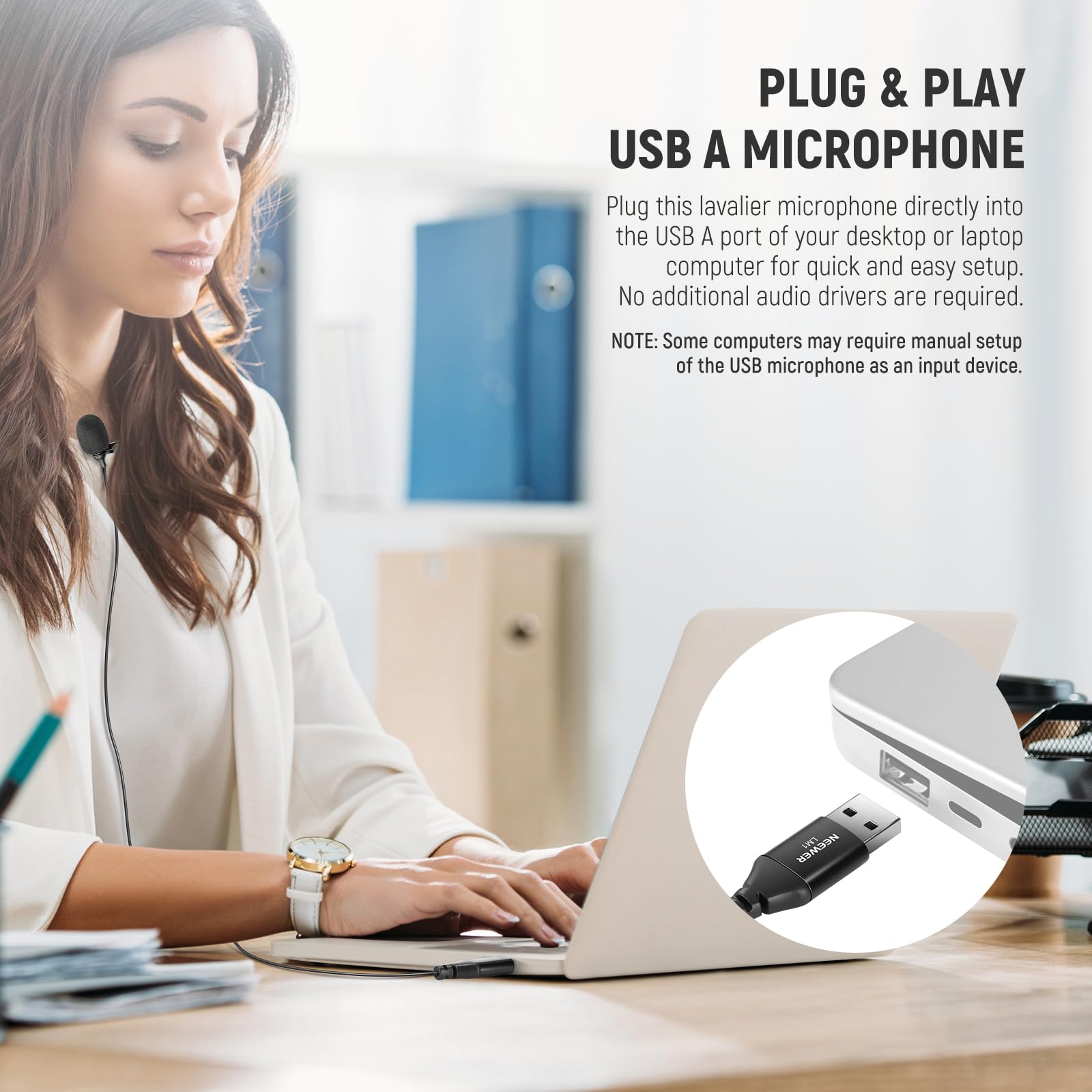 Neewer Mikrofon USB A, Plug & Play, mini wielokierunkowy klips na mikrofon krawatowy 2 m, kabel do USB 2.0, Mac, Windows, PC, laptopa, komputera, YouTube, Skype'a, podcastów, gier, vlogów