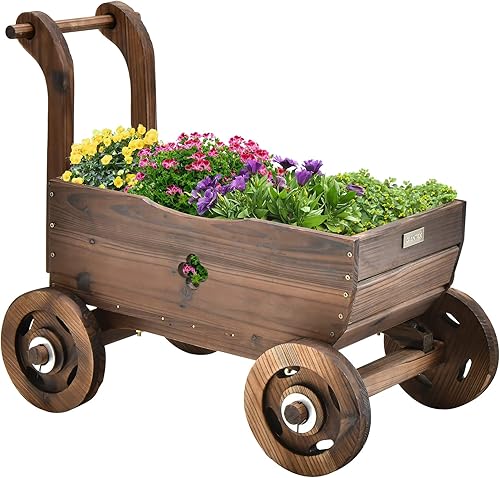 Giantex Maceta de madera elevada con ruedas, asa, agujero de drenaje, carrito decorativo para macetas, maceta rústica, soporte para macetas móviles,