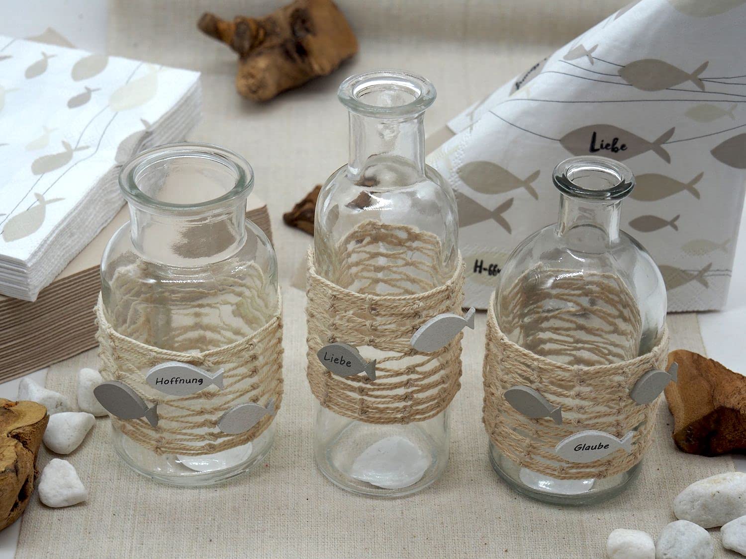 ZauberDeko Tischdeko Kommunion Konfirmation Fisch Glaube Beige Natur Vasen Streudeko Set 20 Personen