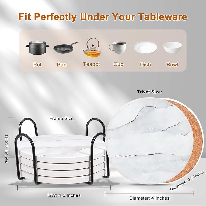 3-Pcs Marble Style Trivets with Holder