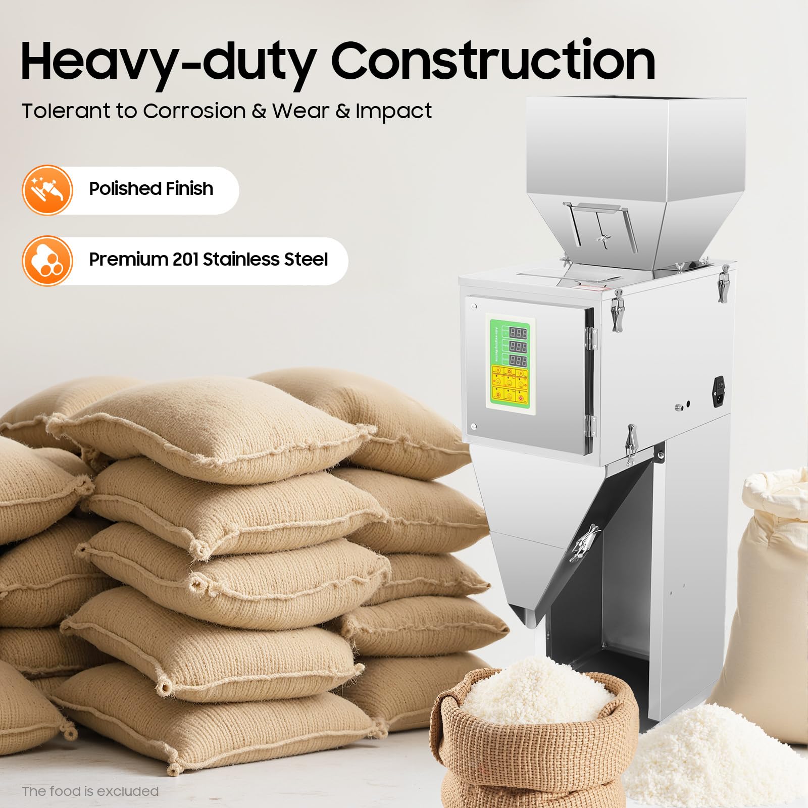 200W Automatische Abfüllmaschine 10-999g (0,02–2,2 lbs), Edelstahl Verpackungsmaschine mit Fußpedal, Dual-Vibrationstechnologie Wiegefüllmaschine für Bohnen Samen Körner Tee
