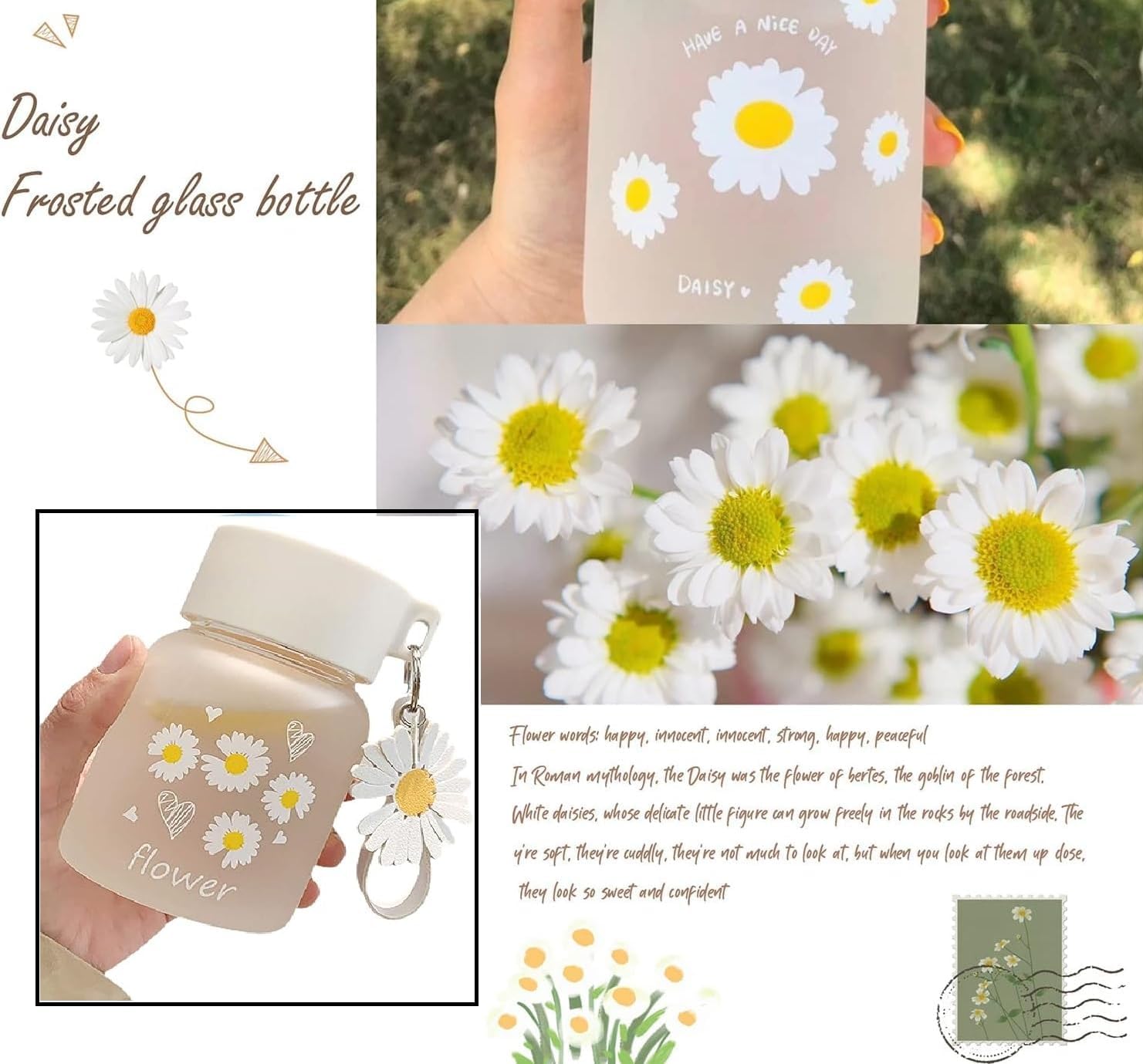 AZLVERA Daisy Glass Water Bottle, 350ml, Frosted Design with Flower Charm, Portable Mini Cup for Beverages, Hand Wash Only 2