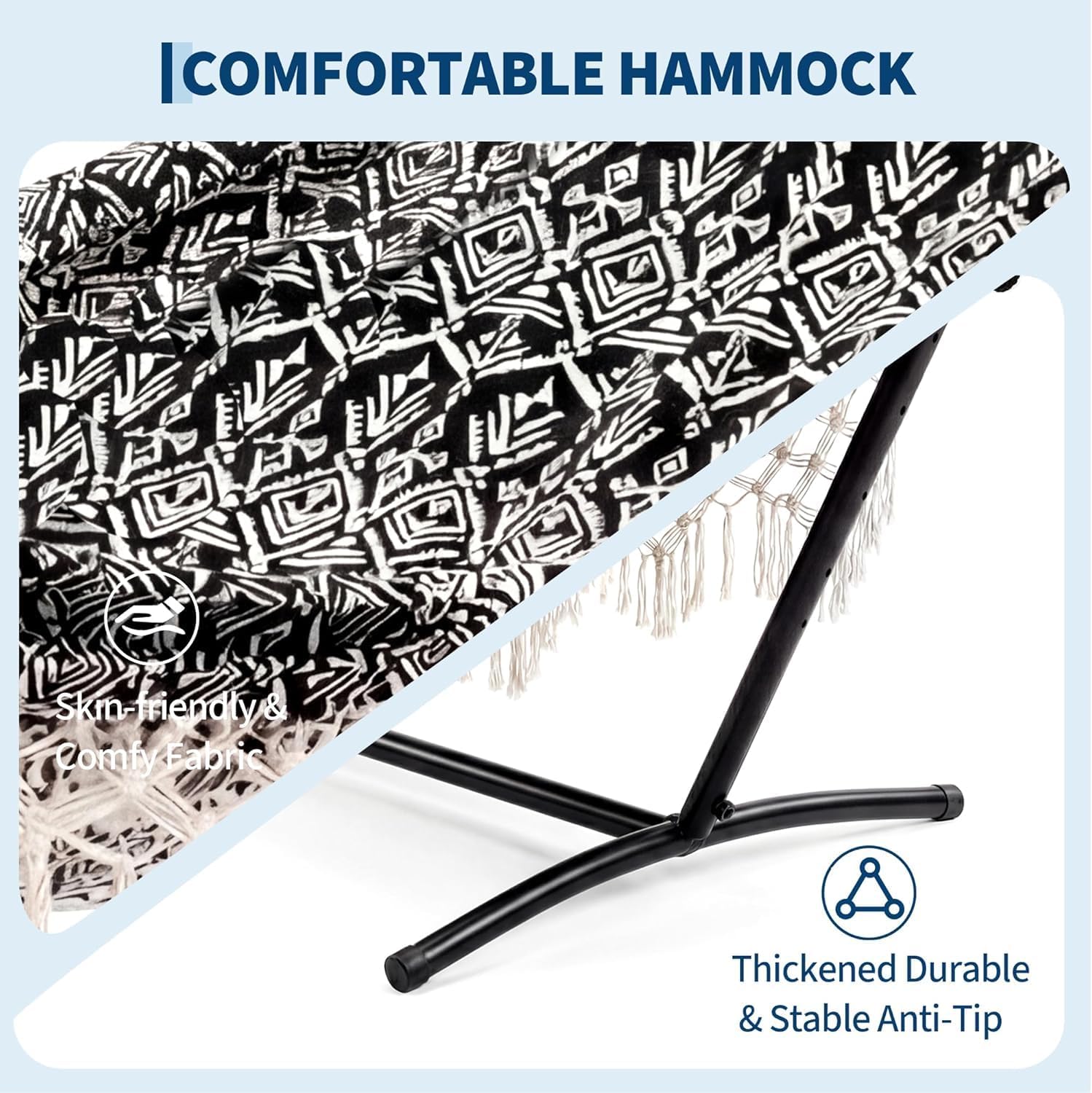 Portable Double Hammock with Stand, 450 lb Capacity Heavy Duty 2-Person Hammock Bed with Decorative Lace, Large Comfortable Outdoor Hammock for Patio, Backyard, Poolside, Easy Tool-Free Assembly