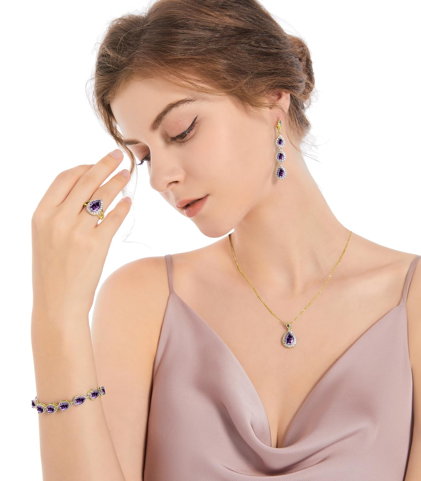LMXXVJ Juego de collar y aretes largos y pulsera, chapado en oro blanco, zafiro azul, joyería de regalo de boda, fiesta, joyería para mujer, novia, dama de honor