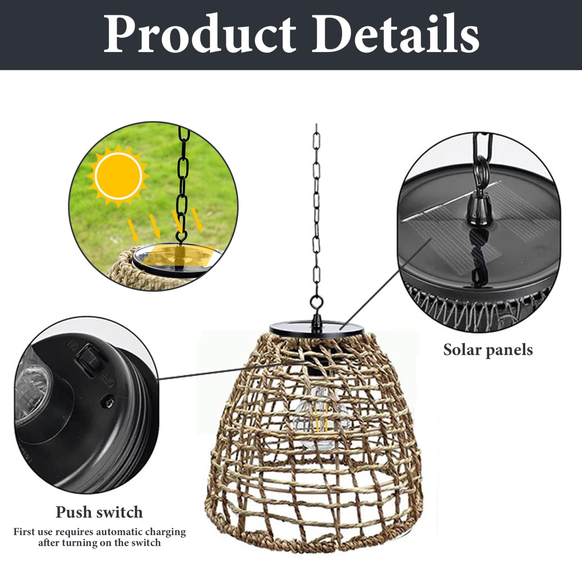 Lampes solaires suspendues étanches IP44 avec abat-jour en rotin, lanterne extérieure LED sans fil 600 mAh pour jardin