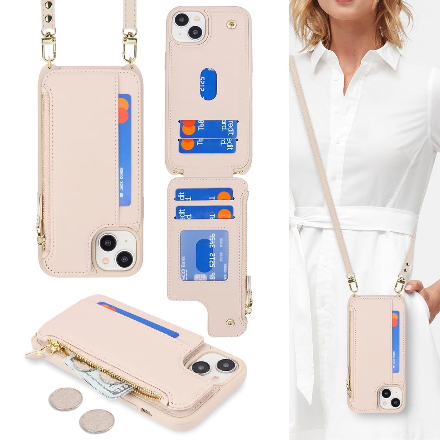 Coque portefeuille pour iPhone 13 avec sangle et pochette zippée - 8