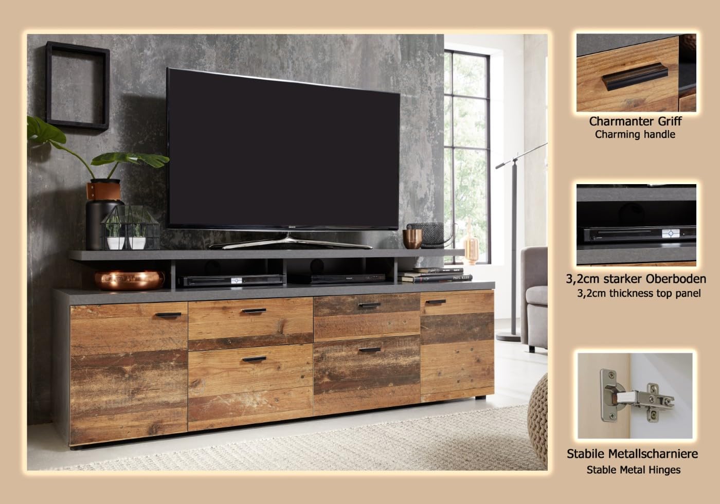 trendteam smart living - Mood - TV-Schrank - Matera/Alteiche - TV-Lowboard mit 4 Fächern und 2 Schubladen - (BxHxT) 180 x 66 x 47 cm - Kabeldurchführung - Kratzfest