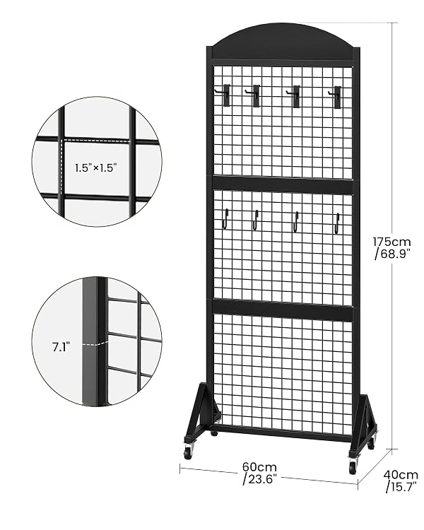 CHOEZON Grid Wall Panel 5.7’ x 2’ FT Grid Display Rack, Movable Gridwall Display Stand with Wheels, Sturdy Floorstanding Wire Grid Rack with 4 S-Shaped Hooks and 4 Garment Hooks, Black TCJ17BB by CHOEZON - Image 6