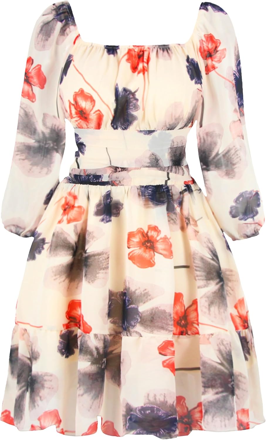 PUKAVT Women's Summer Dresses 2026 Square Neck Tie Back 3/4 Lantern Sleeve Vintage Chiffon Short Dress