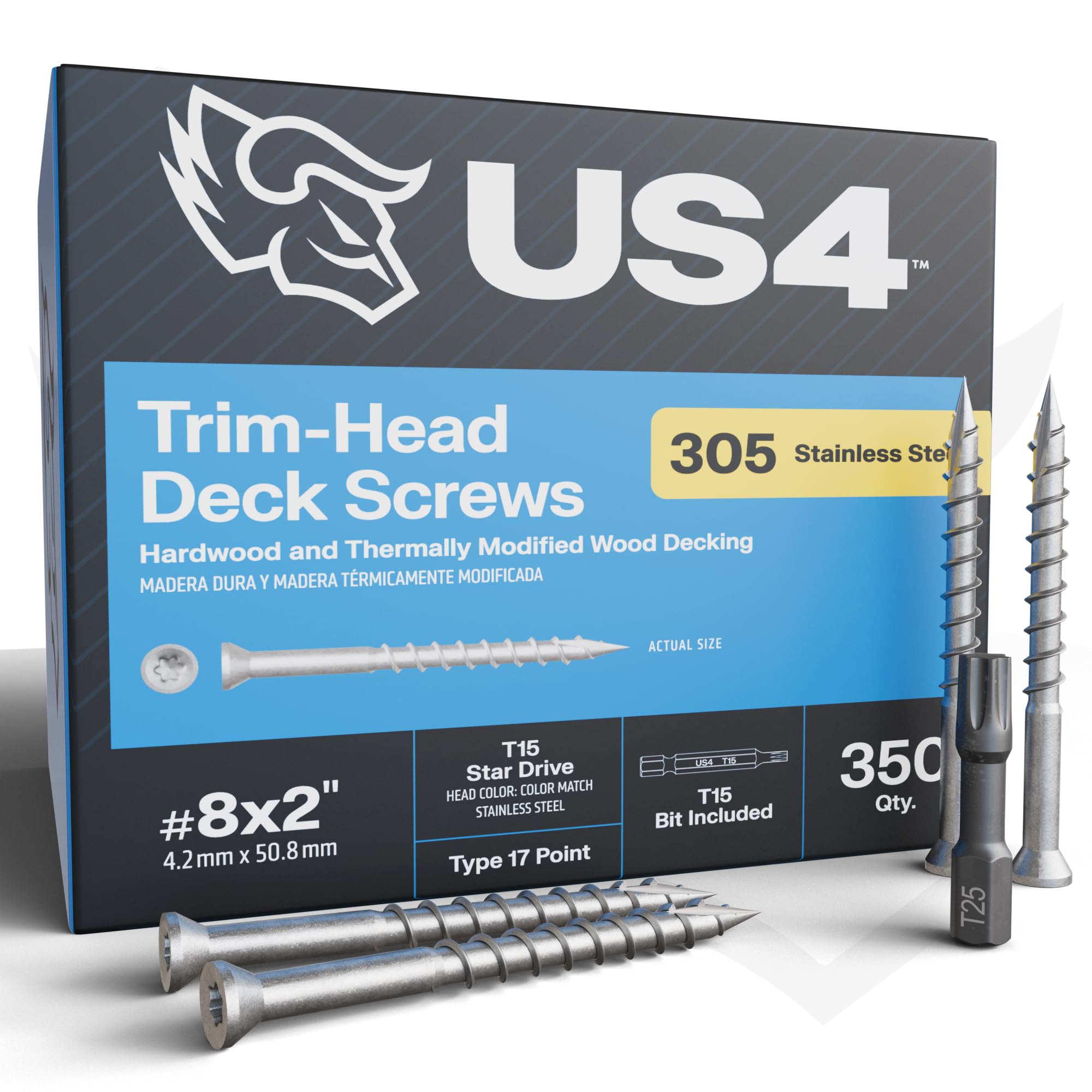 US4 - #8 x 2 - Trim Head T15 Star Drive Stainless Steel Wood Screws | 305 Stainless Steel | Rust & Corrosion-Resistant | Outdoor Decking Screws (350,