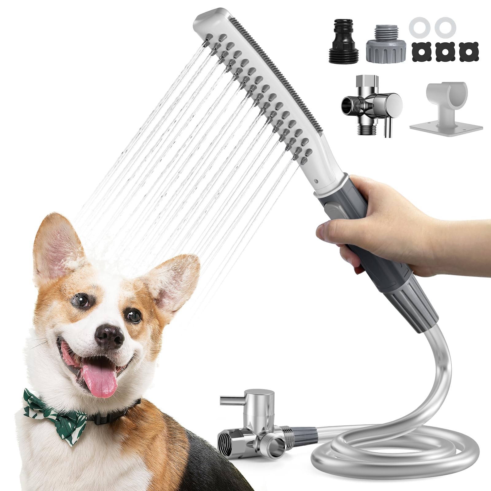 Dog Shower Attachment, Dog Shower Head with 3 Spray Modes & One-Button ON/OFF, Dog Bath Supplies with Metal T-Diverter & Outdoor Adapter, Deep Clean & Massage, No Drill Hook Pet Bathing Kit