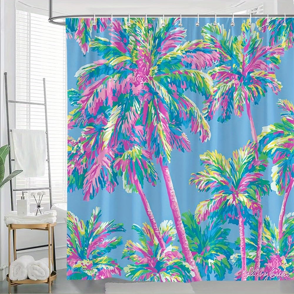 GLWDMB 1 Piece 150x180CM Tropical Palm Tree Pattern Printed Shower Curtain With Hook, Polyester, for Windows And Walls, Bathtub, Bathroom, Machine Washable, All Season Universal