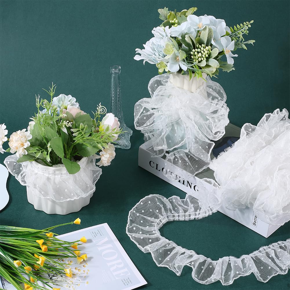 GORGECRAFT 10M Ruffled Lace Trim 6cm Wide Pleated Embroidered Organza Lace Edge Ribbon Fabric Polka Dot Wedding Bridal Dress Appliques Edging Trimmings for DIY Sewing Clothes Curtains Decor White - Image 4