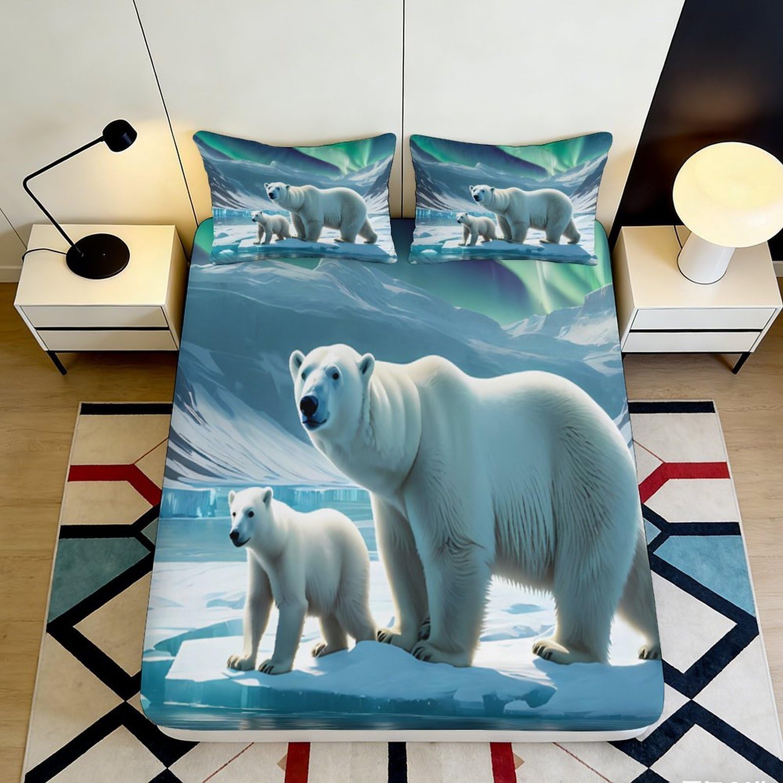 3D Printed Polar Bear Fitted Sheet Microfiber Soft Breathable Arctic Ice Mattress Cover for Bedroom Dormitory Guest Room Mattress Protection Decor 140x200x25cm