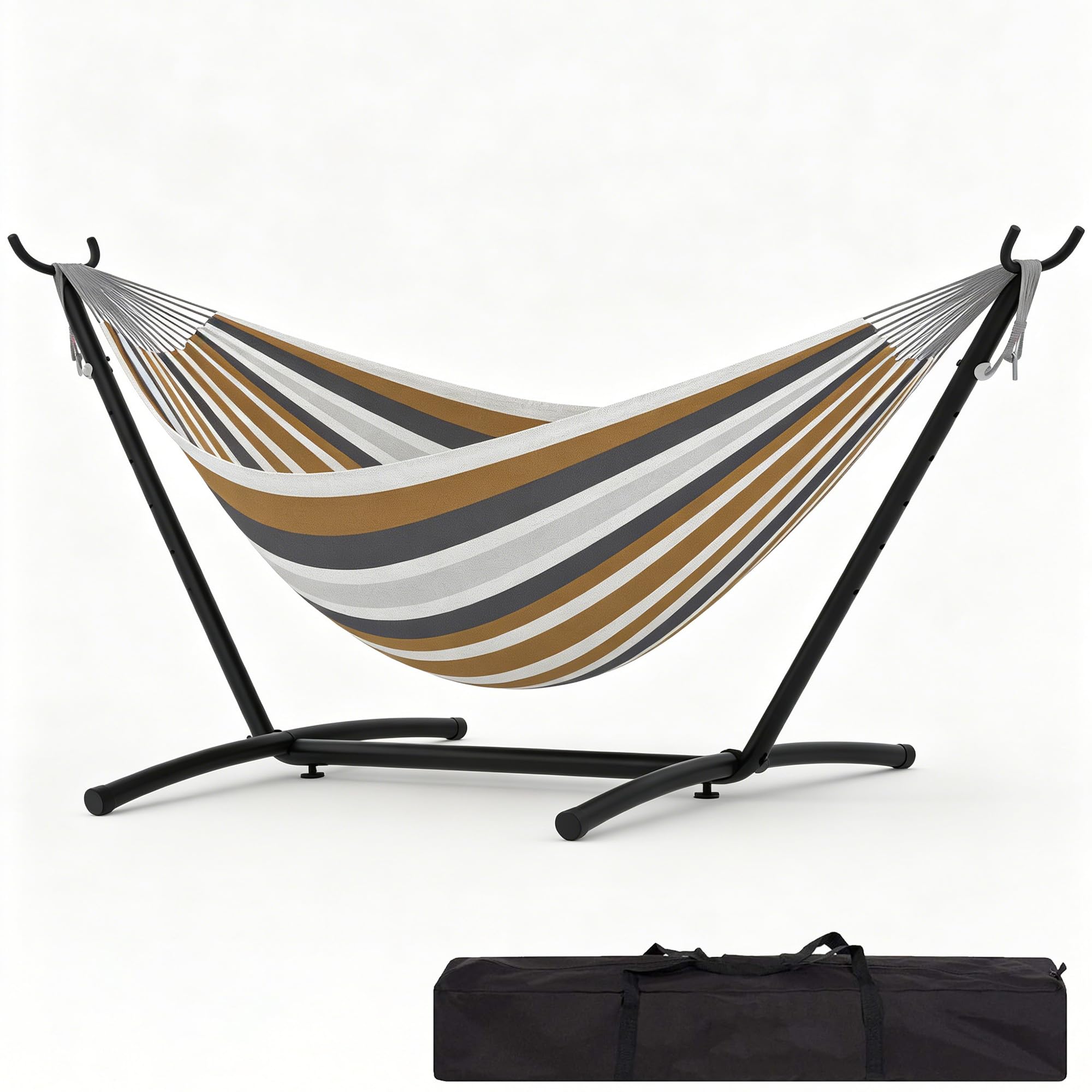 AffinityFurn Hammock with Stand Set, 2 Person Foldable Portable Polyester Cotton Hammock, 450 Lbs Capacity with Carry Bag, Outdoor Hammock for Patio Garden Backyard Camping - Coffee Stripes