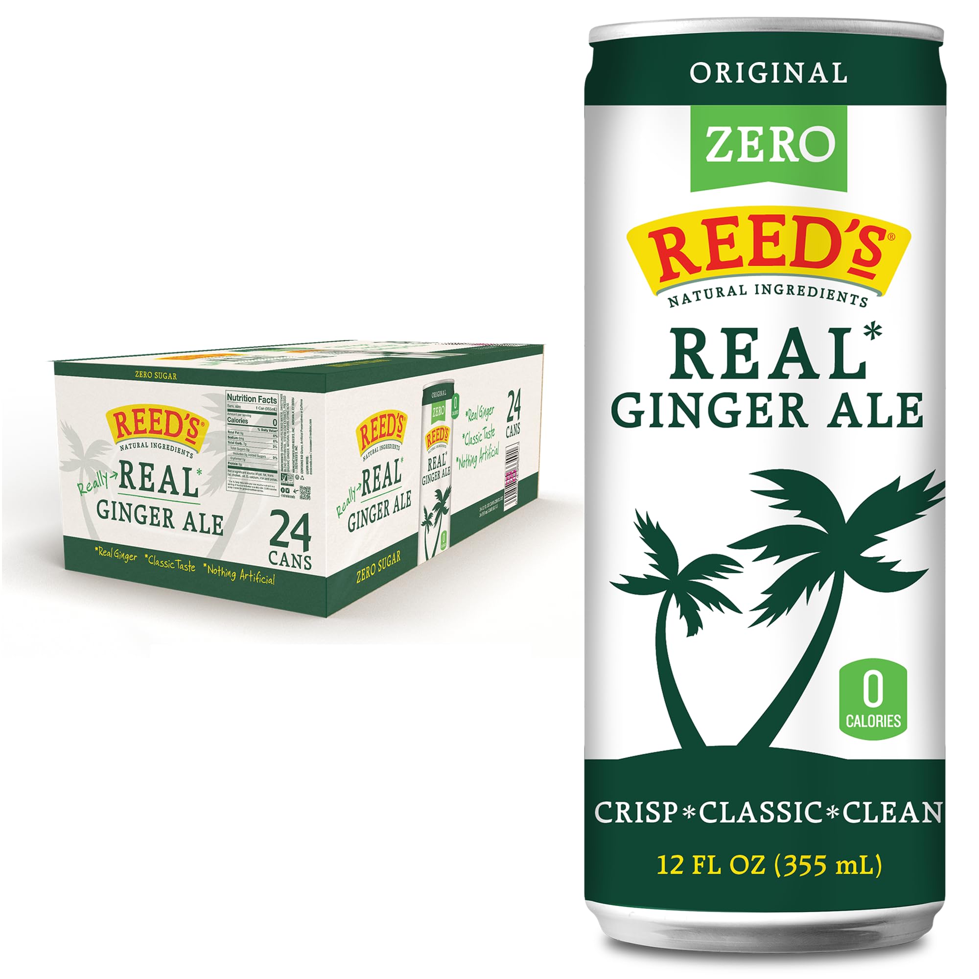 Reed's Zero Sugar Ginger Ale - Made with Pressed Organic Ginger - Zero Calories - 12oz Slim Cans, 24 Pack
