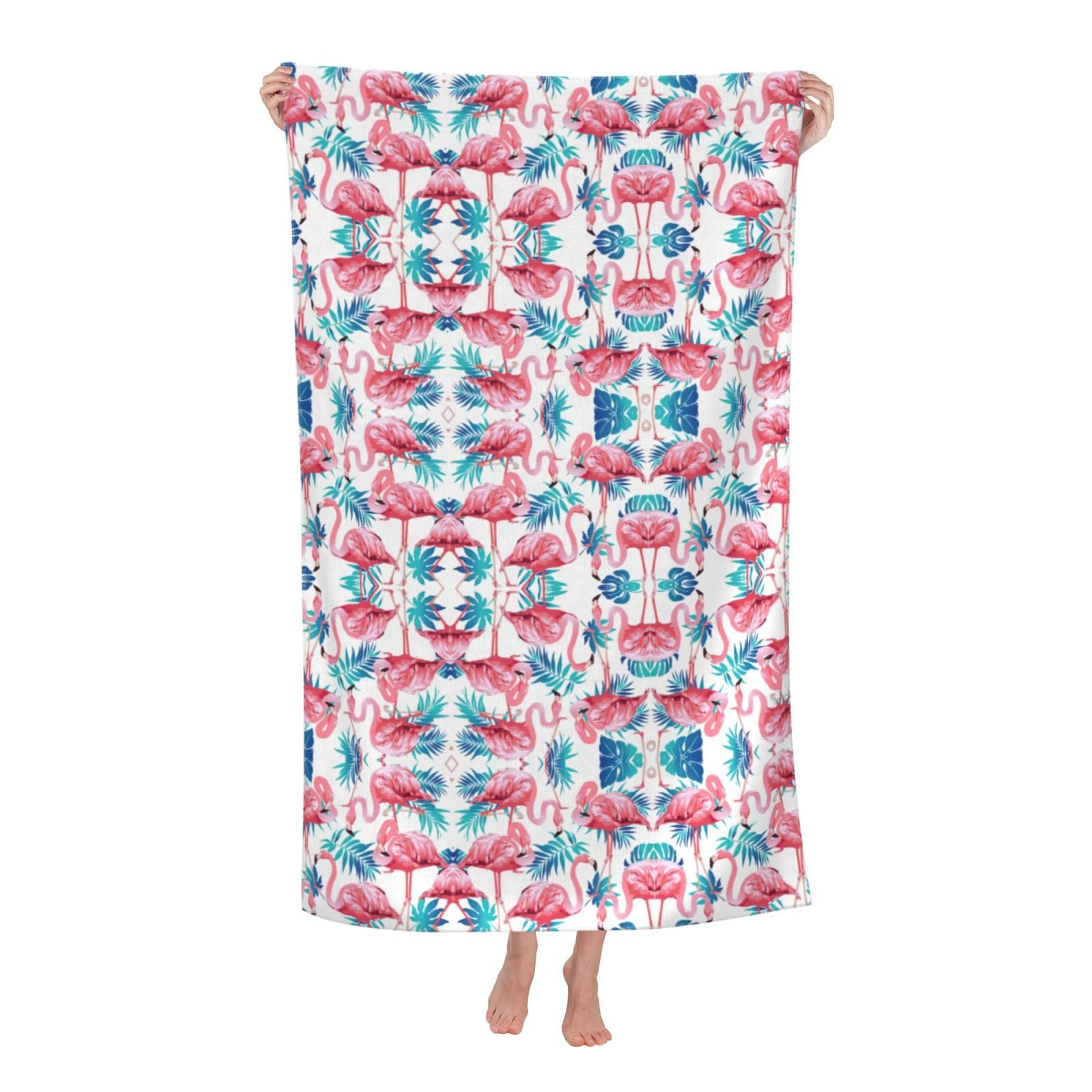 Oazcvbnn Women's White Flamingo Bird Green Plant Leaf Print Adult Beach Towel Summer Travel Pool Vacation Swimming Fitness Outdoor Adventures