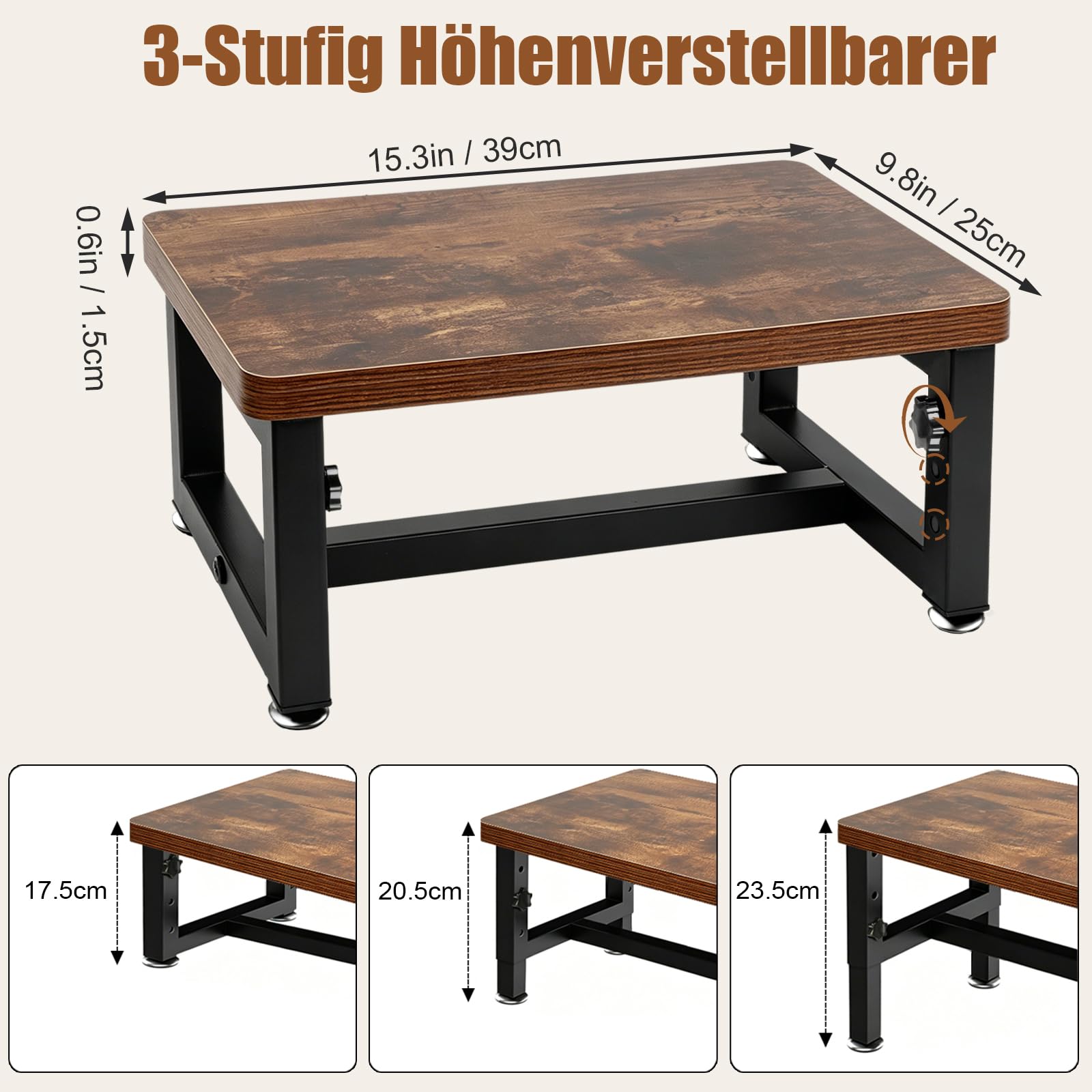 Marchepied en Bois Réglable 3 Hauteurs, Charge 150KG, Surface et Pieds Antidérapants, Tabouret Escalier Multiusage pour Enfants et Adultes, Convient pour Lit, Cuisine, Chambre, Camping-Car