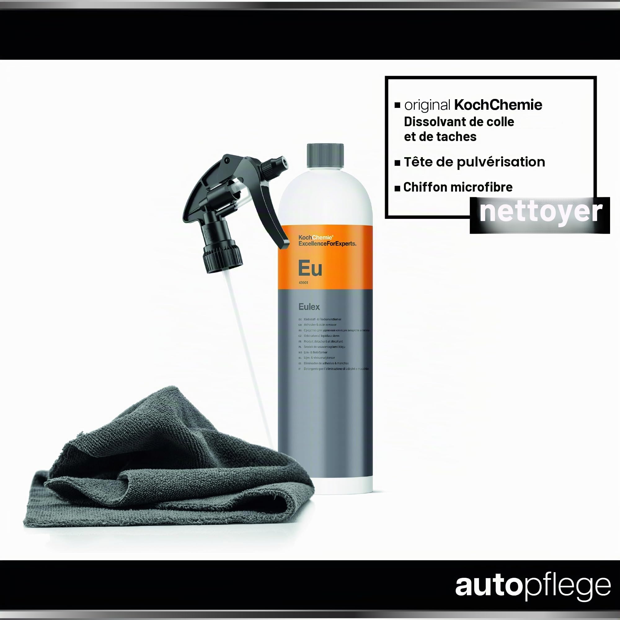 Koch Chemie Eulex Kit de détachant pour résidus de colle 1 l + tête de pulvérisation + chiffon en microfibre | Élimine les résidus de colle tels que les autocollants des étiquettes du verre, du métal,