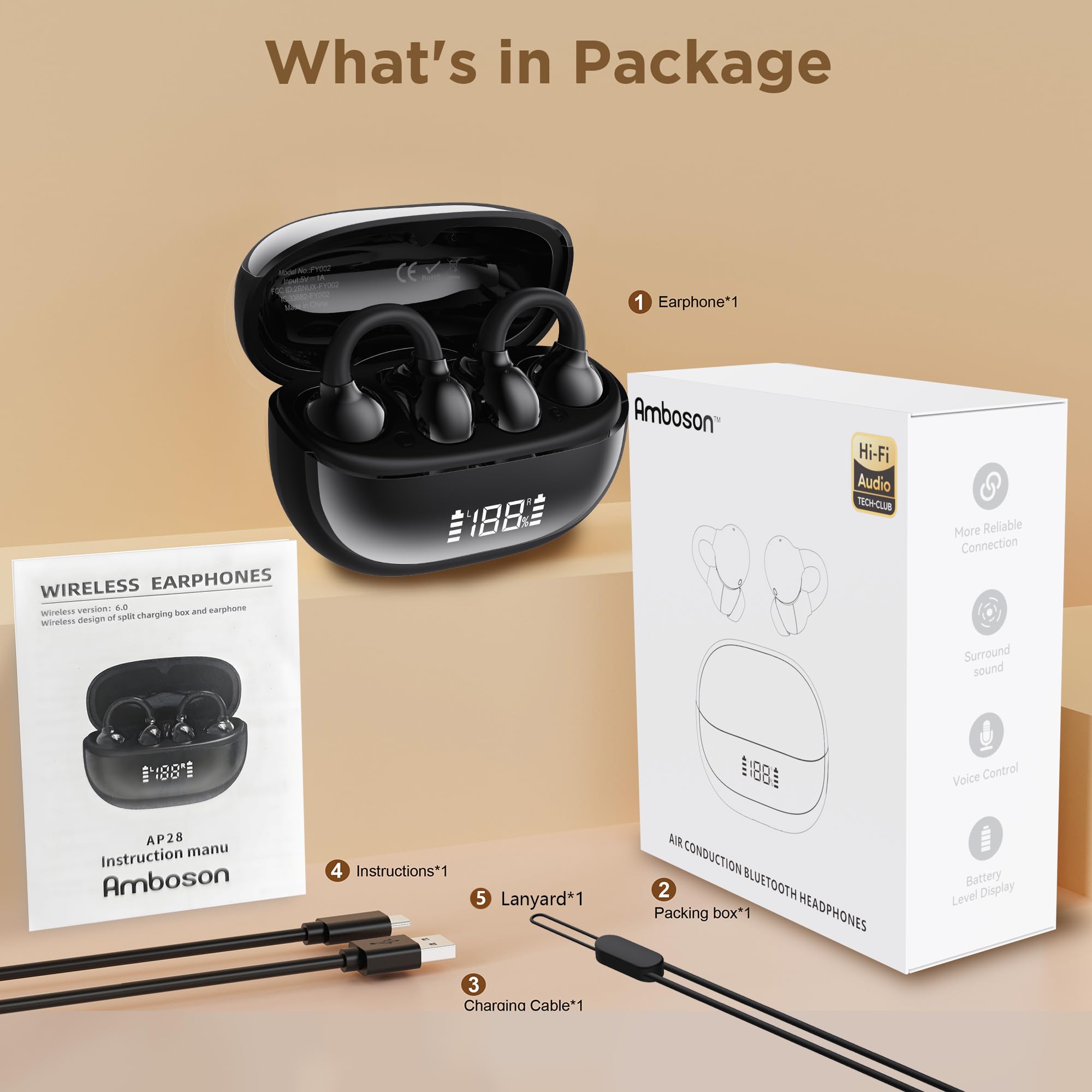 Auricolari wireless Bluetooth 6.0, con clip, con clip per orecchio aperto, 50 ore di autonomia, per allenamento sportivo, impermeabili, compatibili con iPhone e Android