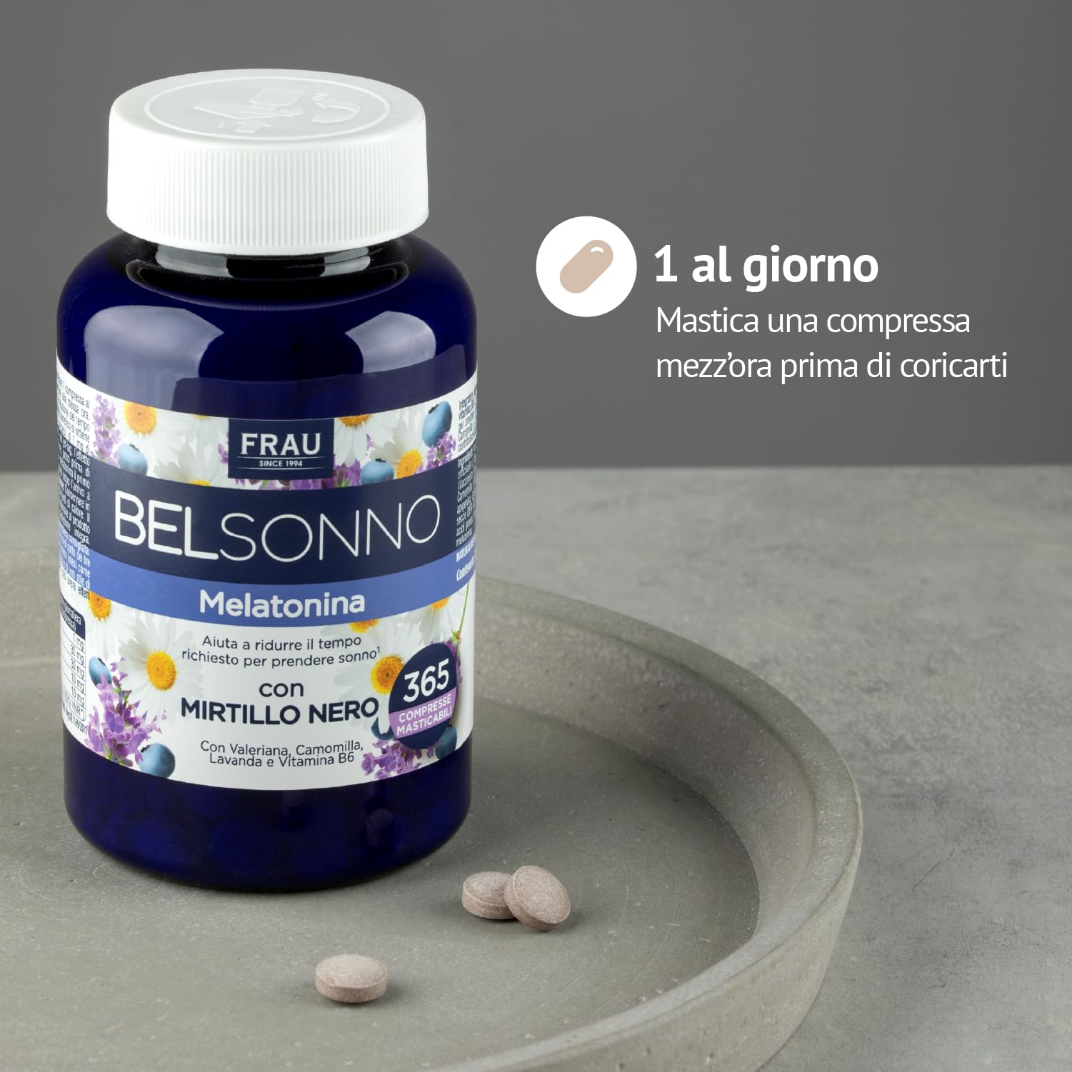 FRAU BEL SONNO Melatonina 365 Compresse Masticabili, Un Anno di Scorta, Integratore Alimentare per Favorire il Sonno con Valeriana, Camomilla, Lavanda e Vitamina B6, Gusto Mirtillo