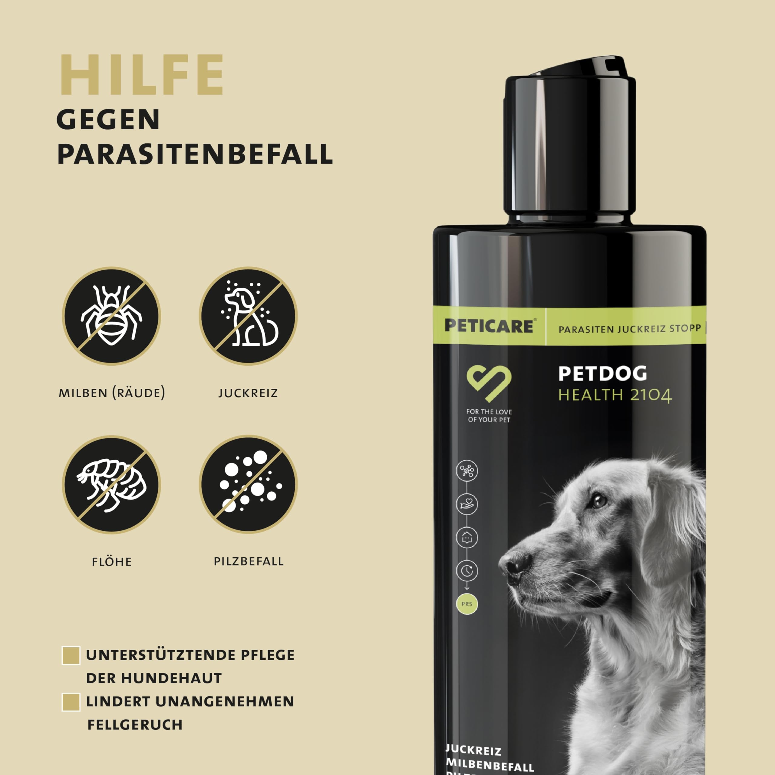 Peticare Anti-Parasiten Hunde-Shampoo | gegen Milben Flöhe Pilze | lindert effektiv Juckreiz & unterstützt Regenerationsprozess | einzigartiges PRS® System für Lange Wirkung – petDog Health 2104