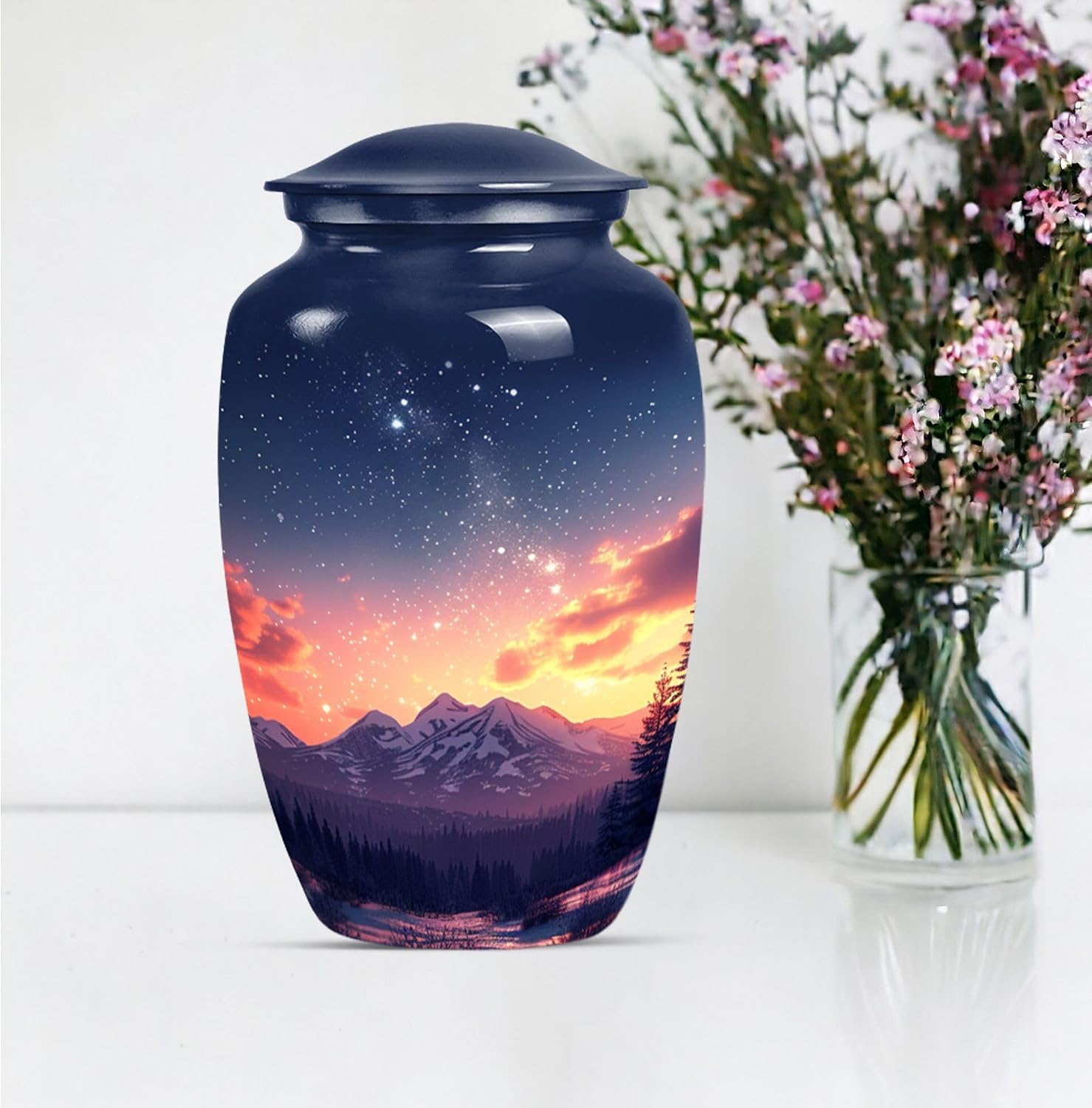 Night with Stars Cremation Urn, 10 Inch Urn for Ashes Adult Male, Cremation Urn for Human Ashes, Large Memorial Urn, Funeral Urn for Women, Burial Urn, Blue Urn for Ashes