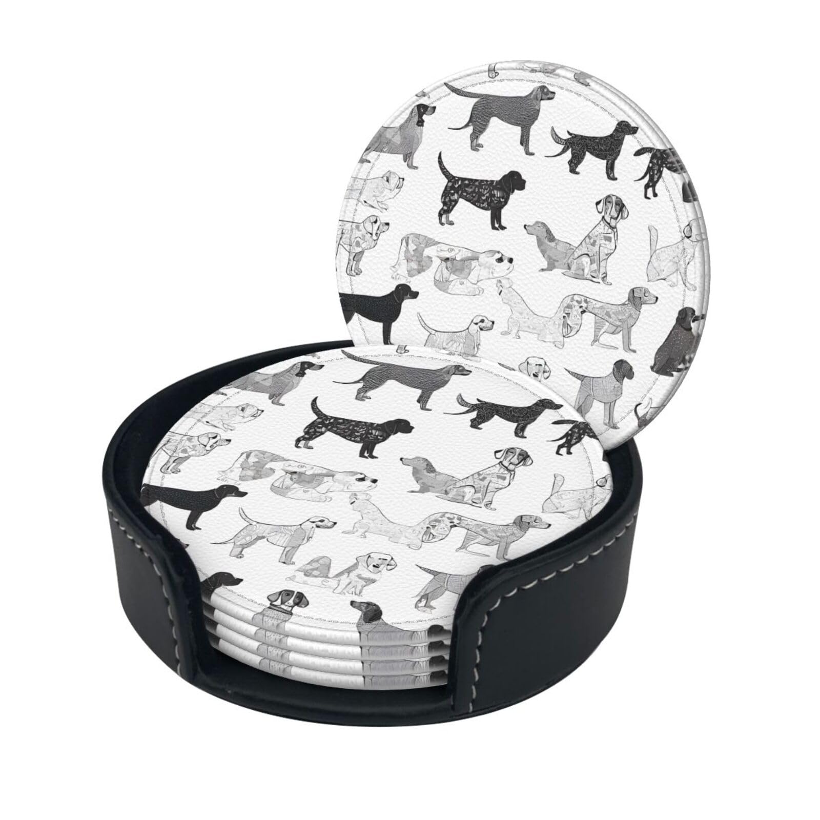 Cute Dachshund Dog Print Coaster,Round Leather Coasters with Storage Box for Wine Mugs,Cold Drinks and Cups Tabletop Protection (6 Piece)