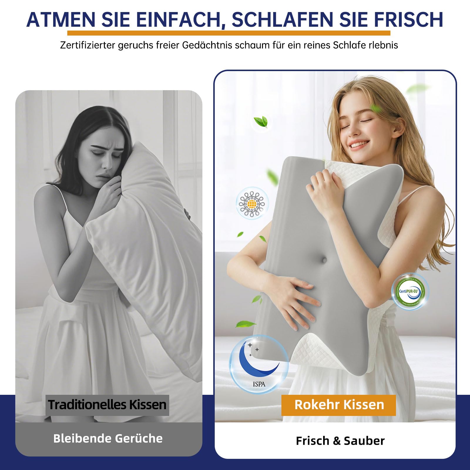 Nackenkissen Kopfkissen, Ergonomisches Nackenstützkissen, Orthopädisches Kissen Memory Foam, Seitenschläferkissen Nackenkissen für Seiten, Rücken & Bauchschläfer 60x43x14/12cm Grau