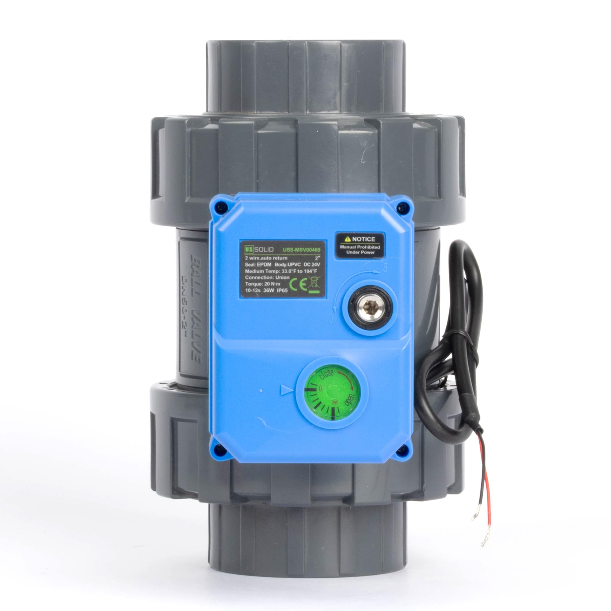 U.S. Solid Válvula de bola motorizada de 2 pulgadas, válvula de agua eléctrica de UPVC de 24 V CC, retorno automático de 2 cables (normalmente cerrada), con anulación manual, sello EPDM y doble unión