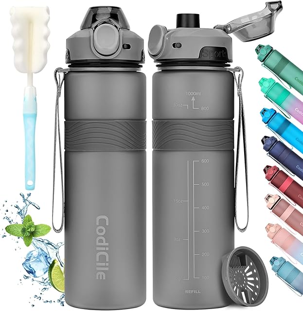 CodiCile Water Bottle, BPA Free 1l Water Bottle Leak Proof Drinks Bottle, Large Sports Bottle Great for Gym, School, Office and Travel (Dark Gray)