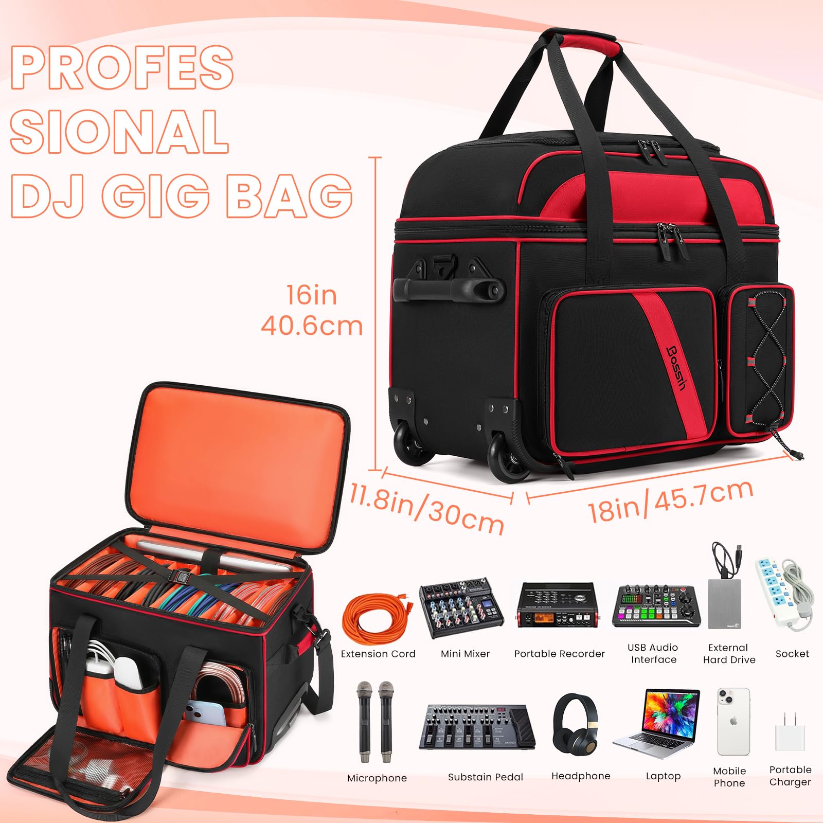 BOSSTIN Rolling DJ Cable Bag with Wheels - DJ Gig Bag Case for Equipment with 15.6" Laptop Compartment, Padded Detachable Dividers, Multi-Pocket Travel Storage for Music Gear & Accessories - Image 3