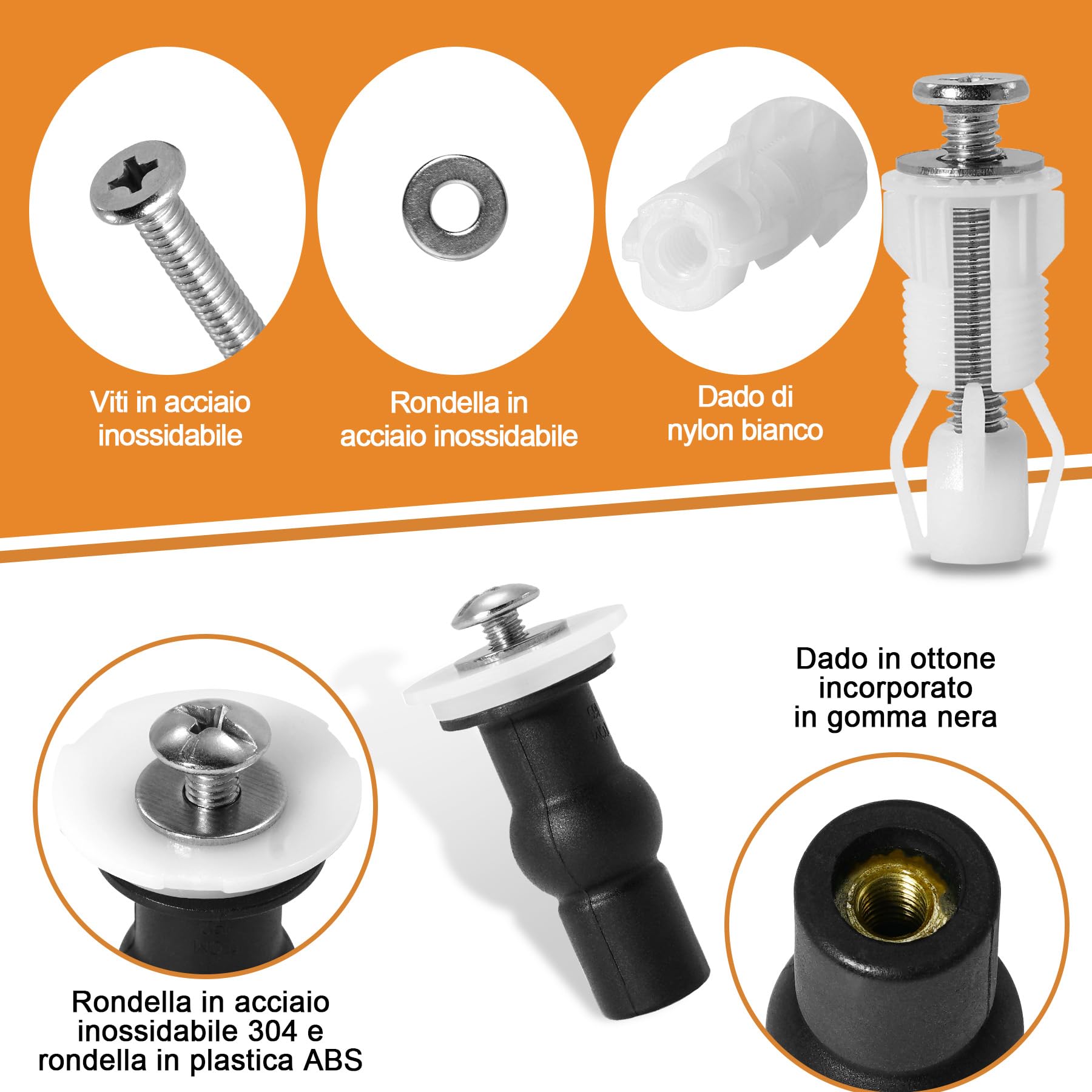 8 Pezzi Kit Fissaggio Universale per Sedile WC, Viti per Tavoletta WC con Gomma Espandibile e Acciaio Inox 304, Set di Ricambio per Cerniere Copriwater, Adatto per Fori 14-18mm - 4