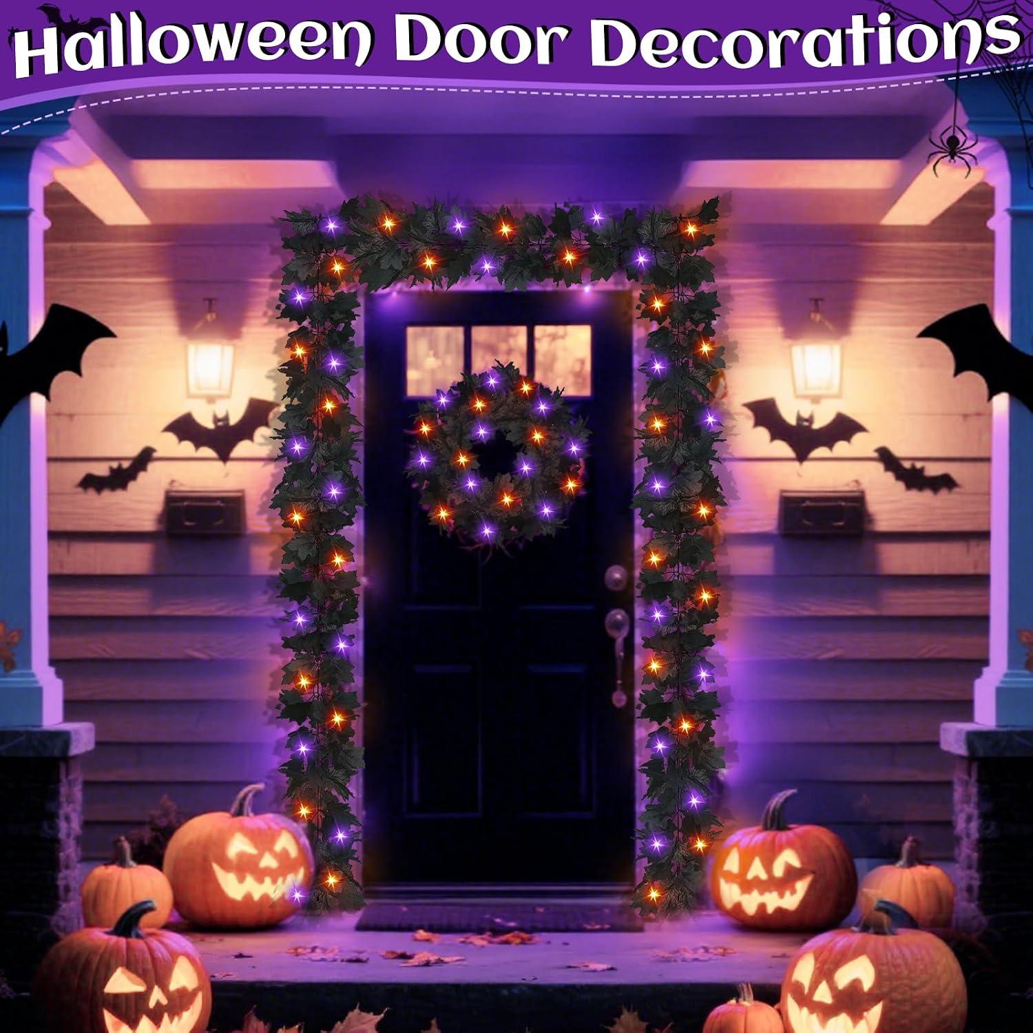 Timer - 2 Pack Halloween Garland with Purple Orange Lights Battery Operated