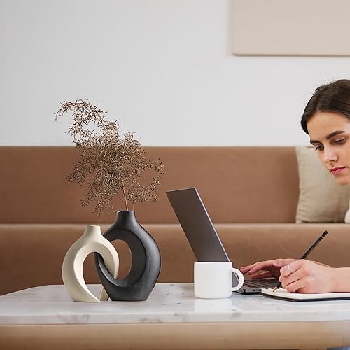 Miniatura 6 de Jarrón blanco y negro juego de 2 jarrones huecos de cerámica para decoración del hogar, decoración de mesa de entrada, decoraciones de estilo