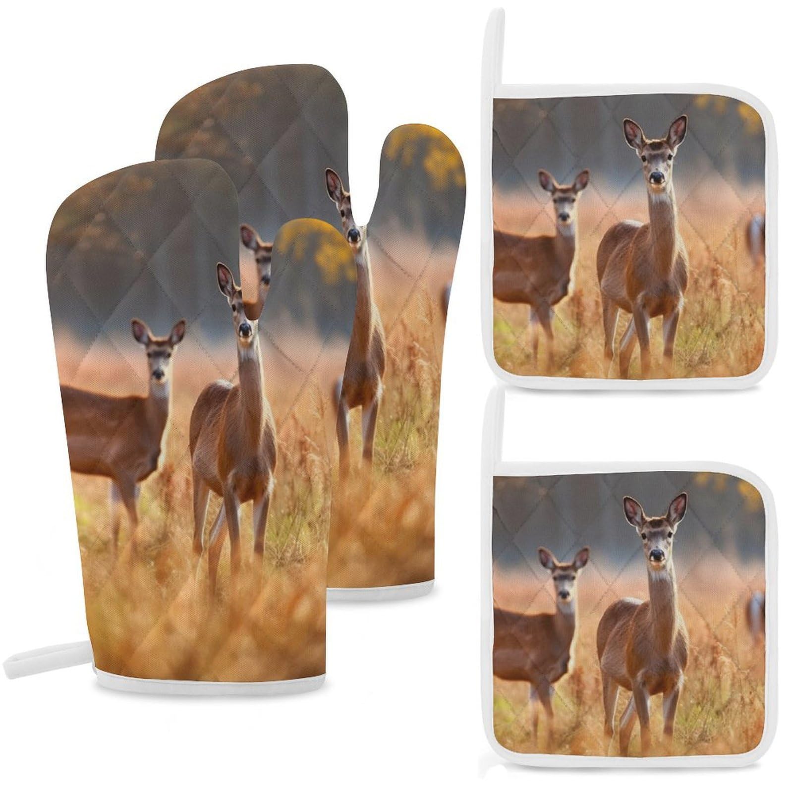 Oven Mitts and Pot Holders Set of 4 Heat Resistant Non-Slip Kitchen Gloves Hot Pads Deer in Autumn Field Mittens Gloves Non-Slip Potholders for Cooking Baking Grilling BBQ