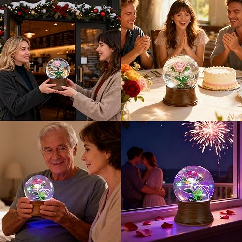 Miniatura 7 de Caja de música con forma de globo de nieve, globos de nieve musicales de rosas preservadas, globo de nieve con luz LED, globo de agua, regalo