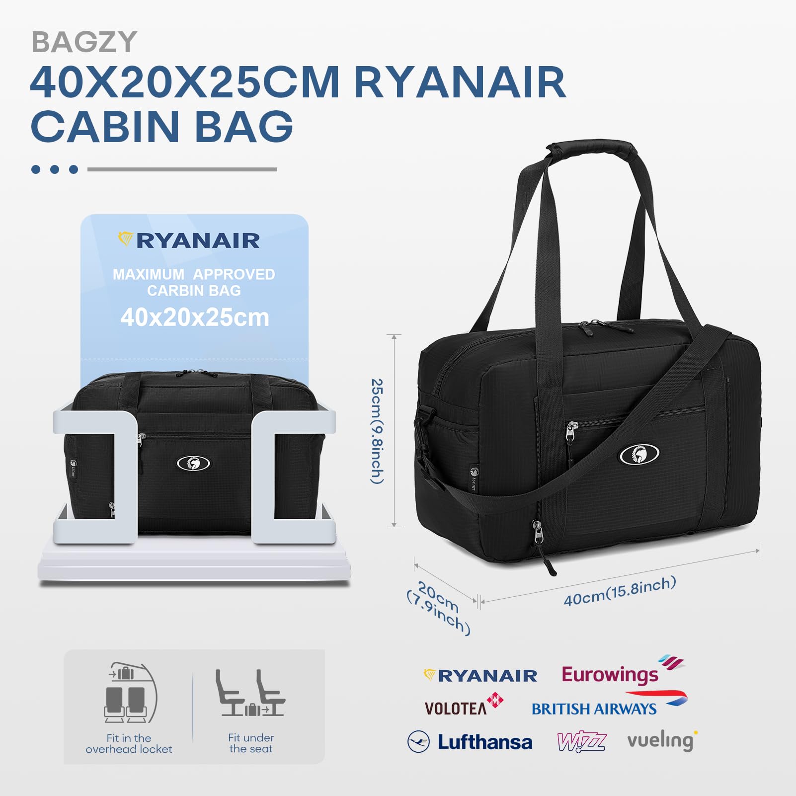 BAGZY Torba Podróżna Zwijana 20L Ryanair Bagaż podręczny 40x20x25 Torba Sportowa Wasserdicht Podróż Bagaż Torby do Samolotu Kabina Weekender Torby Podróżne Szpital Torbas z 1szt Kosmetyczka