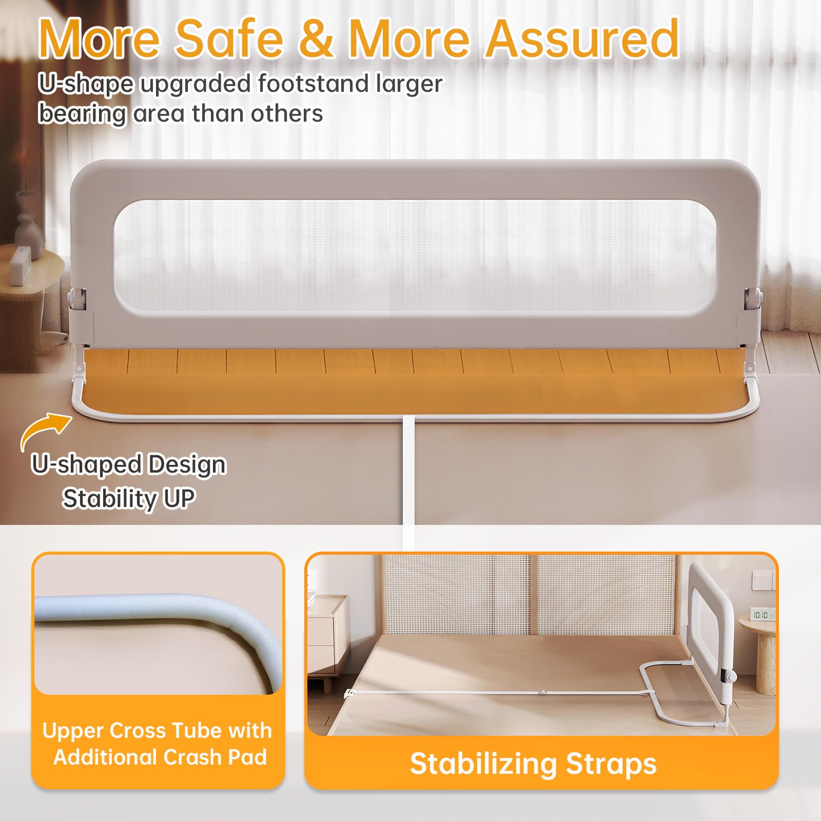 Barandilla protectora de cama de bebé para niños pequeños – Altura ajustable de 78.7 pulgadas, barandilla de cama abatible hacia abajo, protectores laterales de seguridad extra altos para niños –